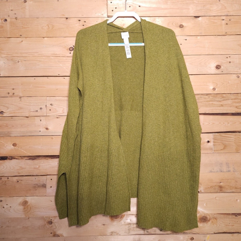 Chico's Cardigan OS One Size Green‎ Knit Open Front Cotton Blend Fall
